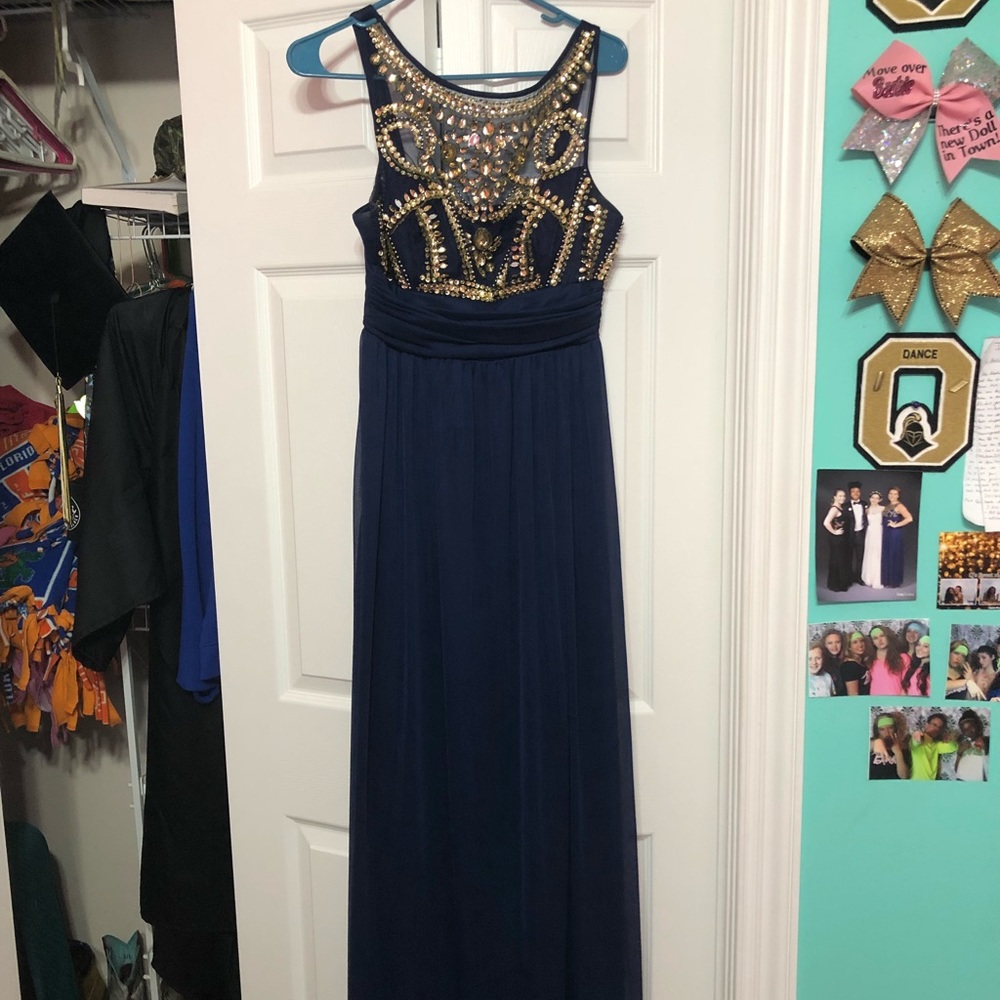 Navy with gold beading prom dress